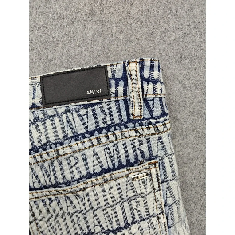 Amiri Jeans Mens 32x32 Blue Medium Wash Allover Logo Skinny Slim Denim Pants